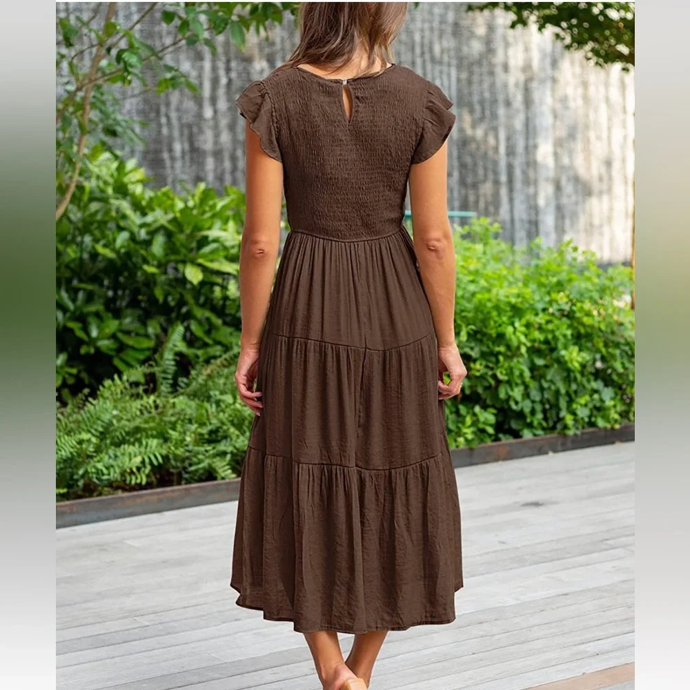 NWTCasual Flutter Short Sleeve Crew Neck Smocked Elastic Waist Tiered Midi Dress - Picture 3 of 6